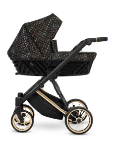Carucior pentru copii, 3 in 1, Kunert, Ivento Premium, cadru auriu, rucsac din piele ecologica, accesorii, Black Style 01 + Scaun auto Cosmo + Adaptori - Img 3