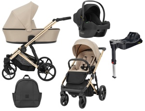 Carucior pentru copii, 4 in 1, Kunert, Arizo Premium, cadru auriu, Parasolar UV50, geanta, accesorii, varsta intre 0 si 3 ani, Cream + Scoica auto Kunert Cosmo + Adaptori + Baza isofix Dock2 - Img 1