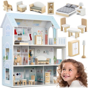 Casuta din lemn pentru papusi, Ricokids, cu 3 etaje, 11 piese