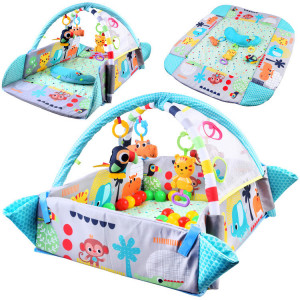 Covoras educational pentru copii, interactiv, multifunctional, 5 in 1, tarc, loc de joaca, cu bile colorate, 106x 97 cm , Jokomisiada, Albastru - Img 3