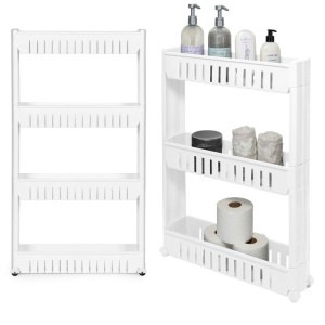 Dulap cu 4 rafturi stil biblioteca, pe roti, perfect pentru bucatarie sau baie, din plastic, 102 x 54 x 13 cm, Alb - Img 7