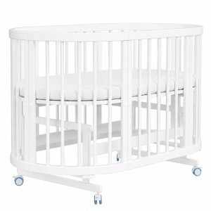Patut pentru Copii, Rotund, Evolutiv, Craft 9 in 1, Alb, din Lemn de Pin Solid, cu Sistem de Leganare si Saltele