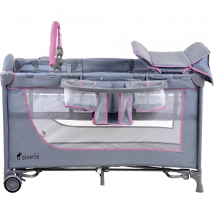 Resigilat - Patut pentru copii, pliabil cu etaj suplimentar, 120 x 60 cm, bara cu jucarii, masa de infasat, plasa de tantari, Severno, Comfort Plus, Grey Pink - Img 8
