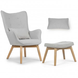 Set Fotoliu cu taburet in stil scandinav, perna moale, stofa, picioare din lemn de fag, Sofotel, Gri - Img 8