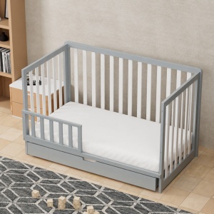 Set Patut din lemn cu sertar, 138 x 74 x 90 cm, Craft, WBB1214, Gri si Alb, cu Saltea MyKids 130 x 70 x 10 cm - Img 9