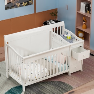 Set Patut pentru Copii, 3 in 1, Co-sleeping, cu Sertare si Masa de Schimbat, din Lemn de Pin Solid, Craft, 159 x 74 x 100 cm, Alb, cu Saltea MyKids 120 x 60 x 10 cm - Img 5