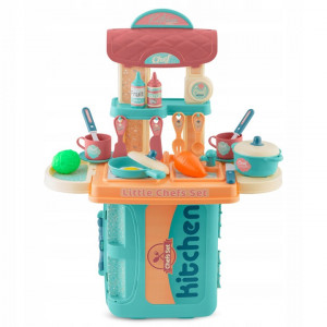 Bucatarie din plastic pentru copii, tip valiza, cu 20 de accesorii, 42 x 20,5 x 54,5 cm, Ricokids, 3 in 1