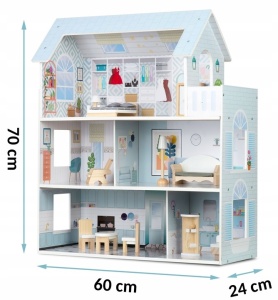 Casuta din lemn pentru papusi, Ricokids, cu 3 etaje, 11 piese - Img 3