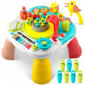 Masa de activitati interactive pentru copii si tabla educationala, 2in1, cu sunete si lumini, pian colorat, tren automat, joc hranire pasarele, elemente in miscare, Ricokids, RK-821