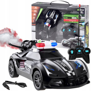 Masinuta de Politie cu telecomanda, 18 cm, USB, lumini, evacuare cu fum si lumina, Jokomisiada, RC0596