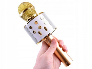 Microfon wireless, cu difuzor, lumini karaoke, bluetooth, USB compatibil Android/IOS, inregistrare/redare melodii, Jokomisiada, IN0136 ZO, Alb / Auriu - Img 5