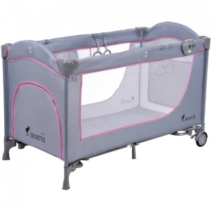 Resigilat - Patut pentru copii, pliabil cu etaj suplimentar, 120 x 60 cm, bara cu jucarii, masa de infasat, plasa de tantari, Severno, Comfort Plus, Grey Pink - Img 5