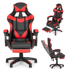 Scaun de Gaming cu suport pentru picioare, Perna Lombara, Modern Home, Piele Ecologica, Cotiere Confortabile, Rosu&Negru, VGC-7G-2 RED