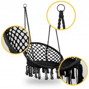 Scaun suspendat pentru gradina, ModernHome, 150 kg, cadru cercuri metalice, perna moale, Negru - Img 8