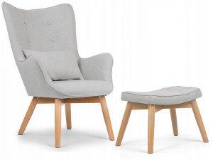 Set Fotoliu cu taburet in stil scandinav, perna moale, stofa, picioare din lemn de fag, Sofotel, Gri