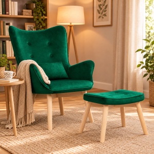 Set Fotoliu cu taburet in stil scandinav, perna moale, stofa, picioare din lemn de fag, Sofotel, Verde - Img 2