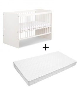 Set Patut copii din lemn KLUPS KAROLINA II Alb, cu Saltea MyKids, Cocos, 120 x 60 x 10 cm