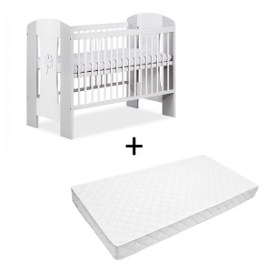 Set Patut copii din lemn KLUPS NATI Alb Gri Trifoi, 120 x 60 cm, cu Saltea MyKids, Cocos, 120 x 60 x 10 cm