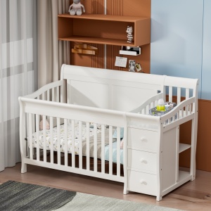 Set Patut pentru Copii, 3 in 1, Co-sleeping, cu Sertare si Masa de Schimbat, din Lemn de Pin Solid, Craft, 159 x 74 x 100 cm, Alb, cu Saltea MyKids 120 x 60 x 10 cm - Img 6