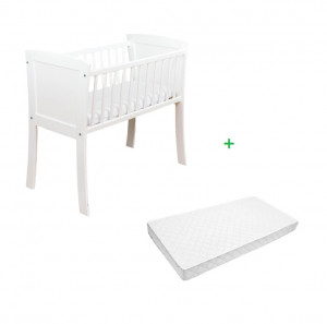 Set Patut pentru copii, 90 x 40 cm, Pin + MDF, Woodies, Classic Crib, Alb + Saltea patut, Mykids, Cocos, Confort II, 90 x 40 x 8 cm