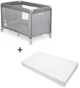 Set Patut pliabil pentru copii, 120 x 60 cm, Ricokids, RK-240, Lavenda Grey cu Saltea MyKids, 120 x 60 x 10 cm, Spuma si Cocos