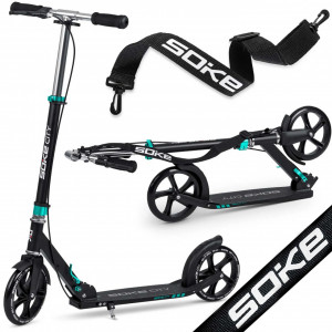 Trotineta de oras, Clasica, cu 2 roti, frana de mana, Soke, City, Aluminiu, Greutate maxima utilizator 100 Kg, Negru/Turcoaz