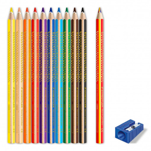 Set 10 creioane colorate jumbo triunghiulare cu ascutitoare si creion magic, Staedtler