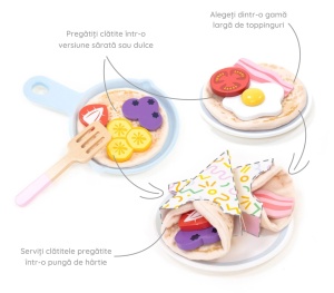 Tigaie cu clătită din material textil și toppinguri – ou, banană, afine, roșii – set UMU Toys