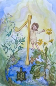 Ilustrație acuarelă cu număr artistic în stil simbolic și decorativ