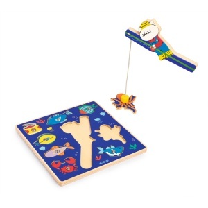 Puzzle din lemn cu pești și undiță magnetică în formă de pisică