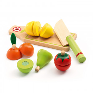 DJ06526-Set de joc de rol fructe și legume de feliat,cu tocător și cuțit din lemn, Djeco