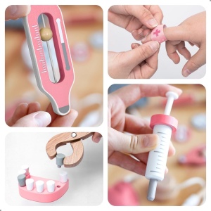 Accesorii medicale de jucărie din lemn pentru copii – termometru, plasture, seringă și pensetă folosite în joacă