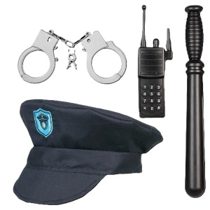 Costum ofiţer poliţie — set complet cu vestă bumbac, şapcă, cătuşe, statie, baston şi ecusoane velcro.