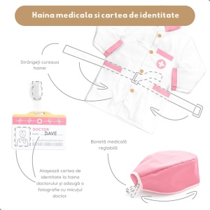 Halat de doctor pentru copii cu cordon reglabil, ecuson și bonetă ajustabilă – joc de rol medical UMU Toys