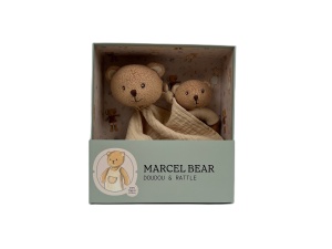 Set cadou cu doudou din bumbac organic și zornăitoare din lemn