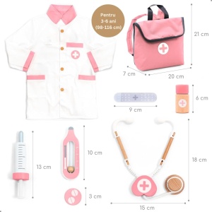 Dimensiuni accesorii trusă doctor pentru copii – UMU Toys roz, recomandată pentru 3–6 ani