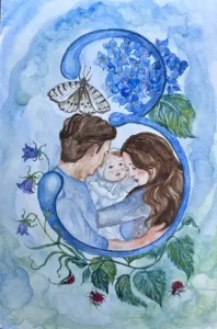 Ilustrație decorativă cu cifră pictată, stil acuarelă