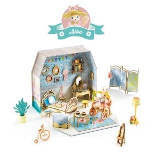 Conținut set creativ cu căsuță, pensulă, vopsele și personaje handmade