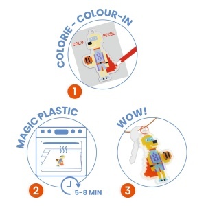 Kit creativ brelocuri cu eroi din plastic magic .