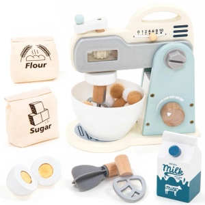 Mixer din lemn pentru copii cu bol, accesorii de cofetărie, ouă, lapte, zahăr și făină – set de joacă UMU Toys