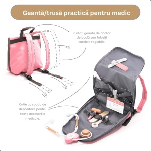 Geantă medicală pentru copii cu spații dedicate pentru ustensile – trusă UMU Toys roz deschisă complet