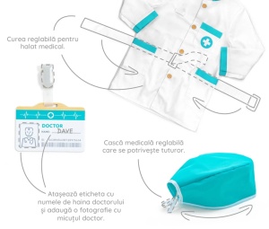 Halat de doctor cu cordon și bonetă turcoaz, plus ecuson personalizabil pentru copii