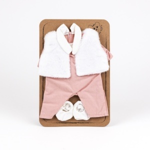Salopetă roz căpșună cu guler alb, jacheta si pantofiori pentru păpuși 30‑34 cm
