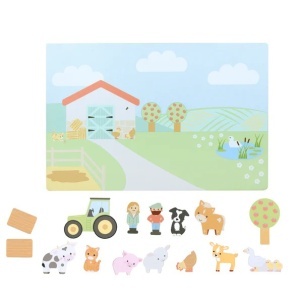 Fermier, animale și garduri din lemn pe decor de fermă