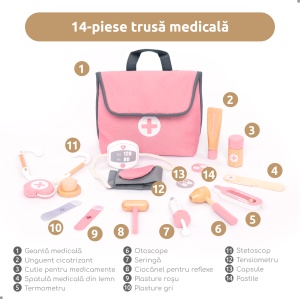 Trusă medicală din lemn UMU Mini cu 14 piese pentru copii.