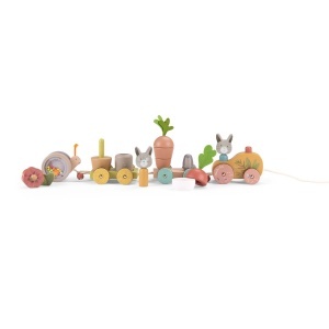 Tren de activități de tras Trois Petits Lapins Moulin Roty din lemn – jucărie 2 în 1 pentru copii