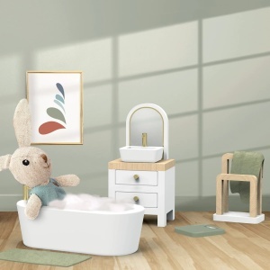 Mobilier din lemn pentru baia de păpuși – cadă, chiuvetă, toaletă și accesorii