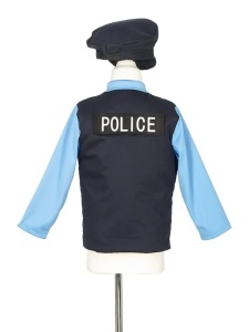 Costum ofiţer poliţie — set complet cu vestă bumbac, şapcă, cătuşe, statie, baston şi ecusoane velcro.