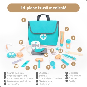 Mini trusă de doctor UMU din lemn, 14 piese, pentru copii 3 ani+