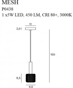 Pendul Mesh Maxlight Negru -P0438   Culoare: Negru si Auriu  Dimensiuni: Diametru 9cm, Inaltime 150cm (max)  Material structura: Metal si Acril  Becuri: 1 x 5W LED, 450 LM, CRI 80+, 3000K